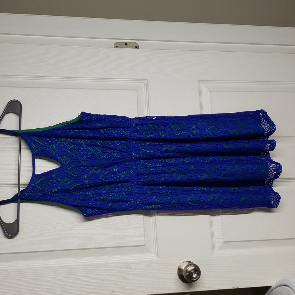 Dark blue lace and green knee length dress
